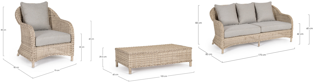 Bizzotto dimensioni salotto da giardino Aditya divano poltrone tavolino in alluminio e finto rattan con cuscini sfoderabili